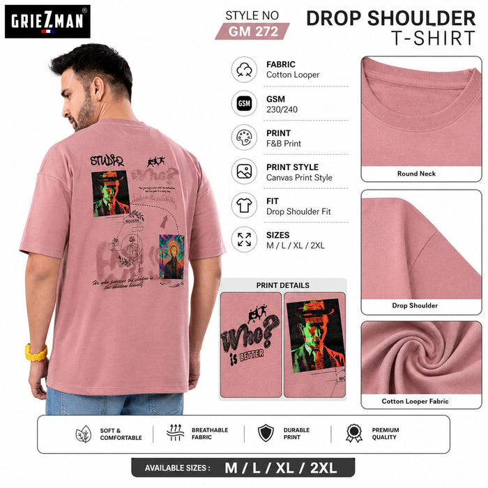 GRIEZ.MAN Men's Oversized Drop Shoulder Graphic Printed T-Shirt | Cotton Looper Fabric | Round Neck Half Sleeve | Canvas Print Style | Casual Streetwear - ANS Billion