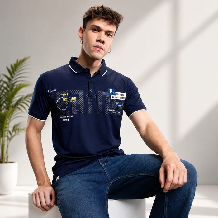 Men's Printed Polo T-Shirt | Fancy Print Half Sleeve | Imported Tencel Lycra Fabric | Soft Stretch Casual Wear | Navy Blue