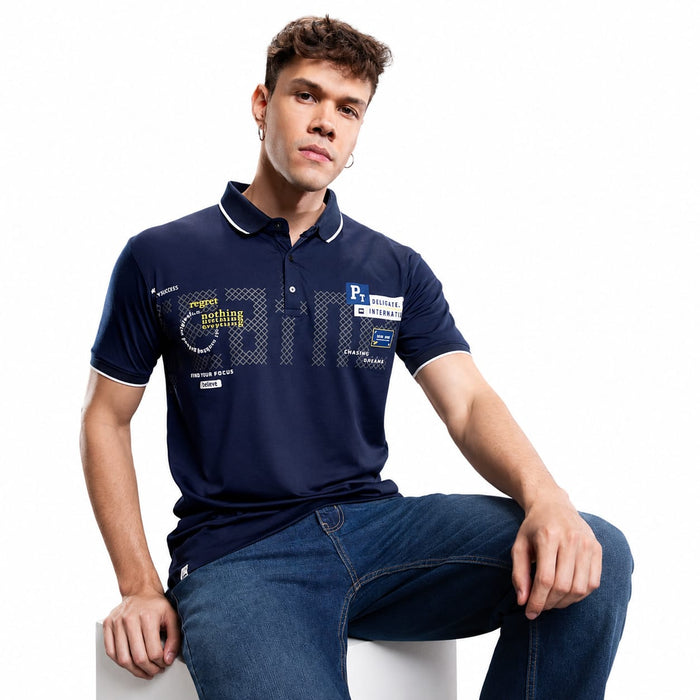 Men's Printed Polo T-Shirt | Fancy Print Half Sleeve | Imported Tencel Lycra Fabric | Soft Stretch Casual Wear | Navy Blue
