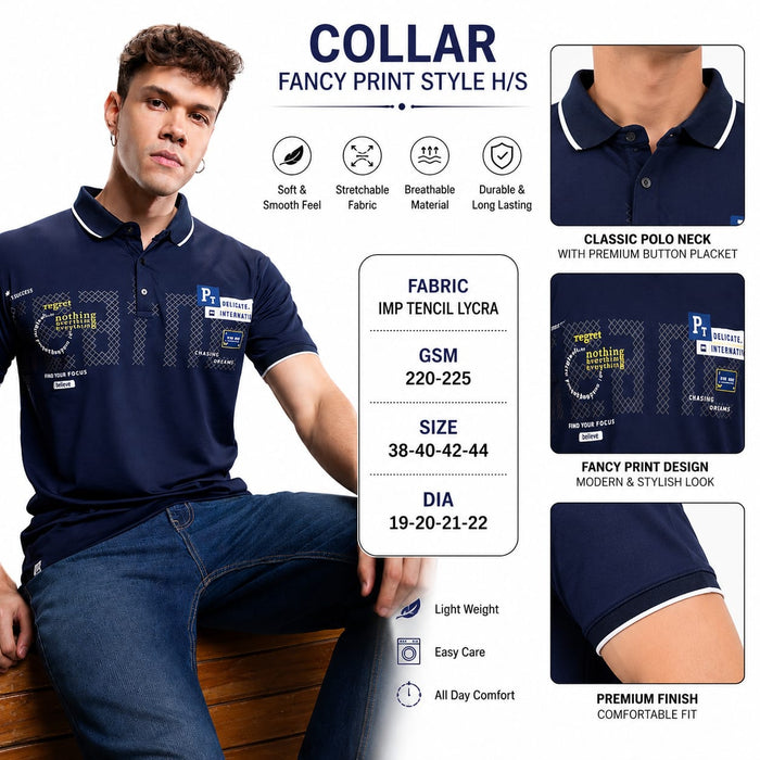 Men's Printed Polo T-Shirt | Fancy Print Half Sleeve | Imported Tencel Lycra Fabric | Soft Stretch Casual Wear | Navy Blue