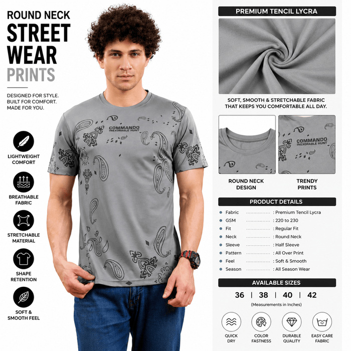 Men's Round Neck Printed T-Shirt | Premium Tencil Lycra Fabric | Half Sleeve Casual Streetwear | Soft & Stretchable | Regular Fit - ANS Billion