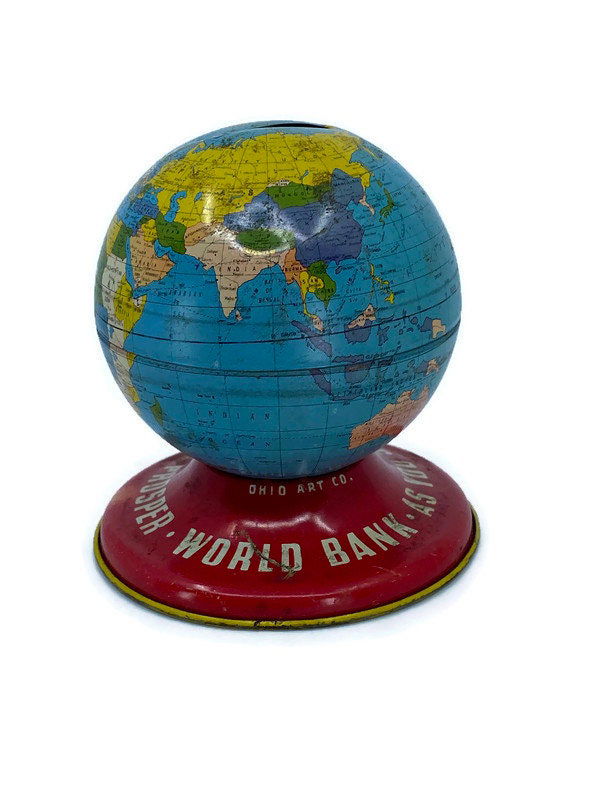 Midcentury Globe Bank Tin Litho by Ohio Art at Duckwells