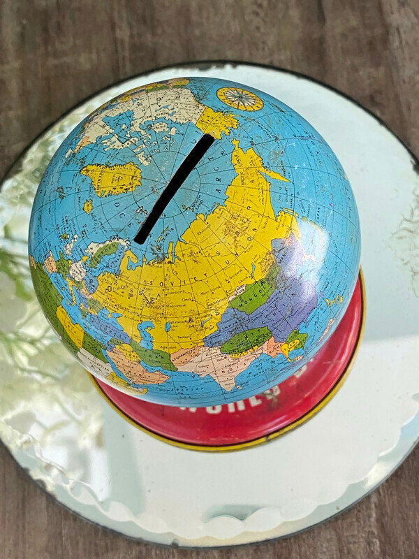 Midcentury Globe Bank Tin Litho by Ohio Art at Duckwells