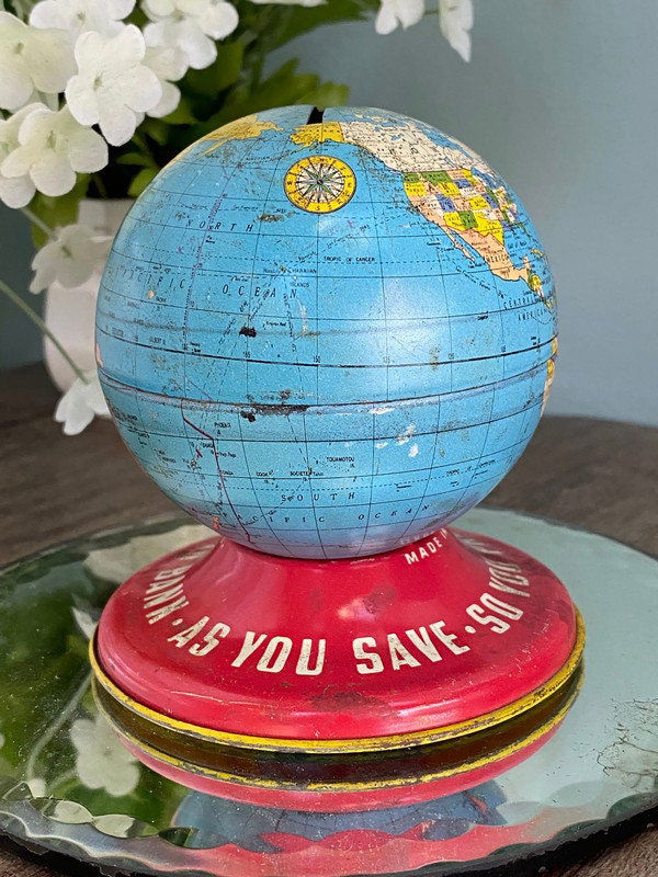 Midcentury Globe Bank Tin Litho by Ohio Art at Duckwells