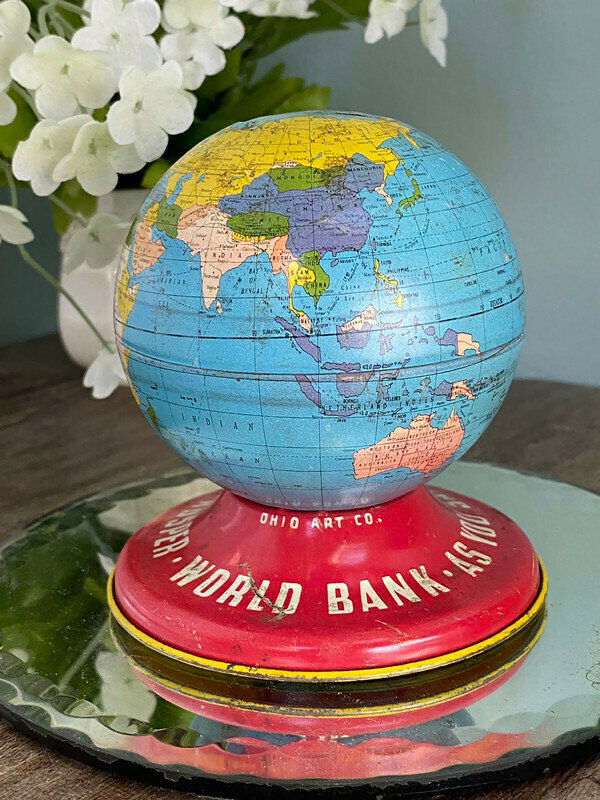 Midcentury Globe Bank Tin Litho by Ohio Art at Duckwells