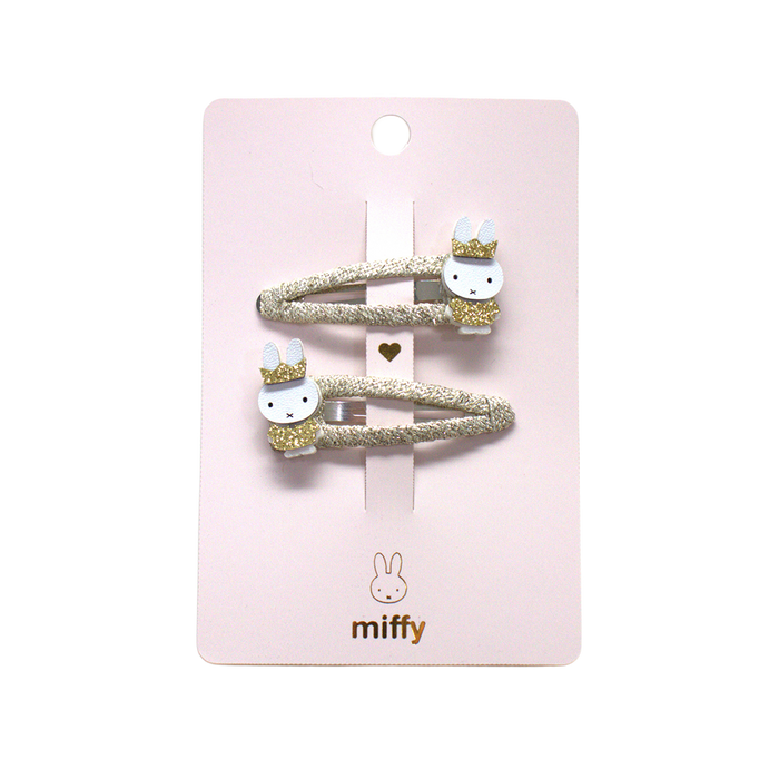 Set of glittery miffy-shaped hair clips on a pink card with 'miffy' branding.