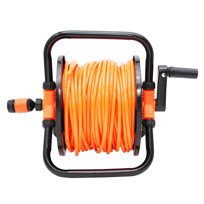 Orange garden hose on a black metal reel with a white background