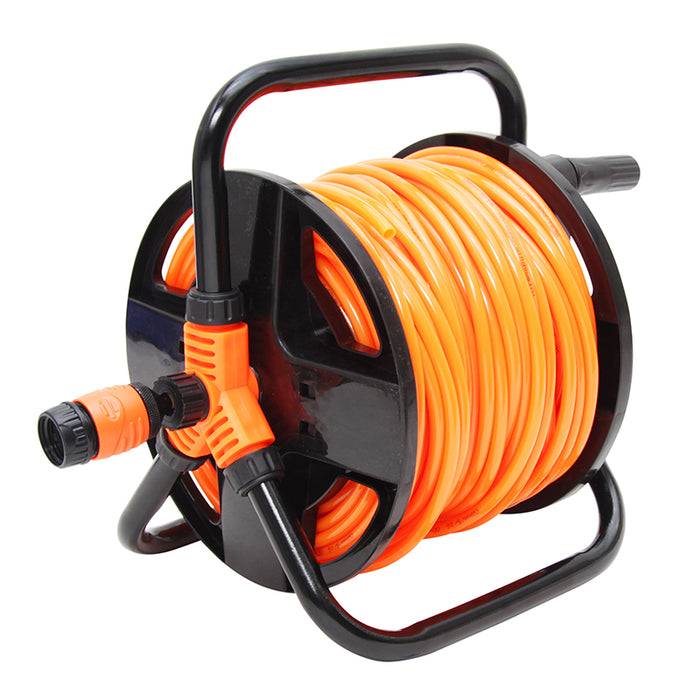Orange garden hose on a black reel with handles on a white background