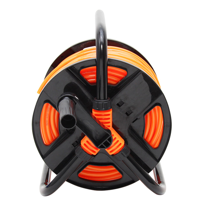 Black and orange hose reel with hose on a white background