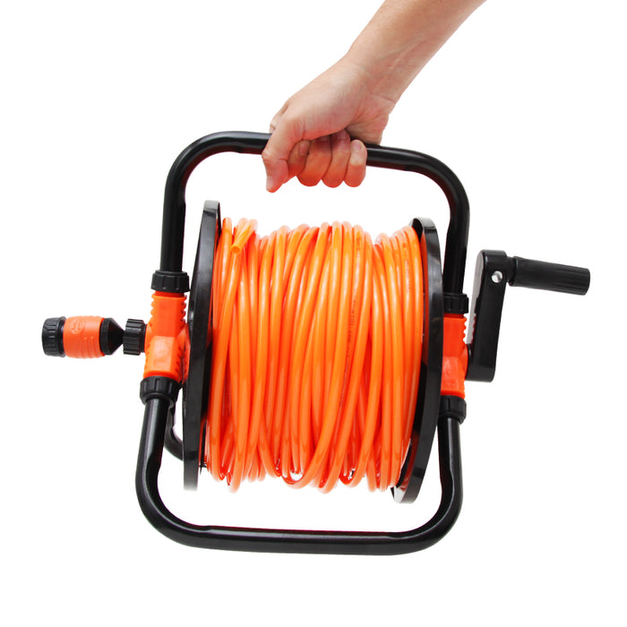 Orange garden hose with black reel and handle on a white background