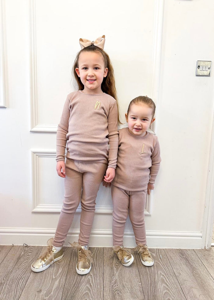Mocha Ribbed Childrens Tracksuit worn by sisters