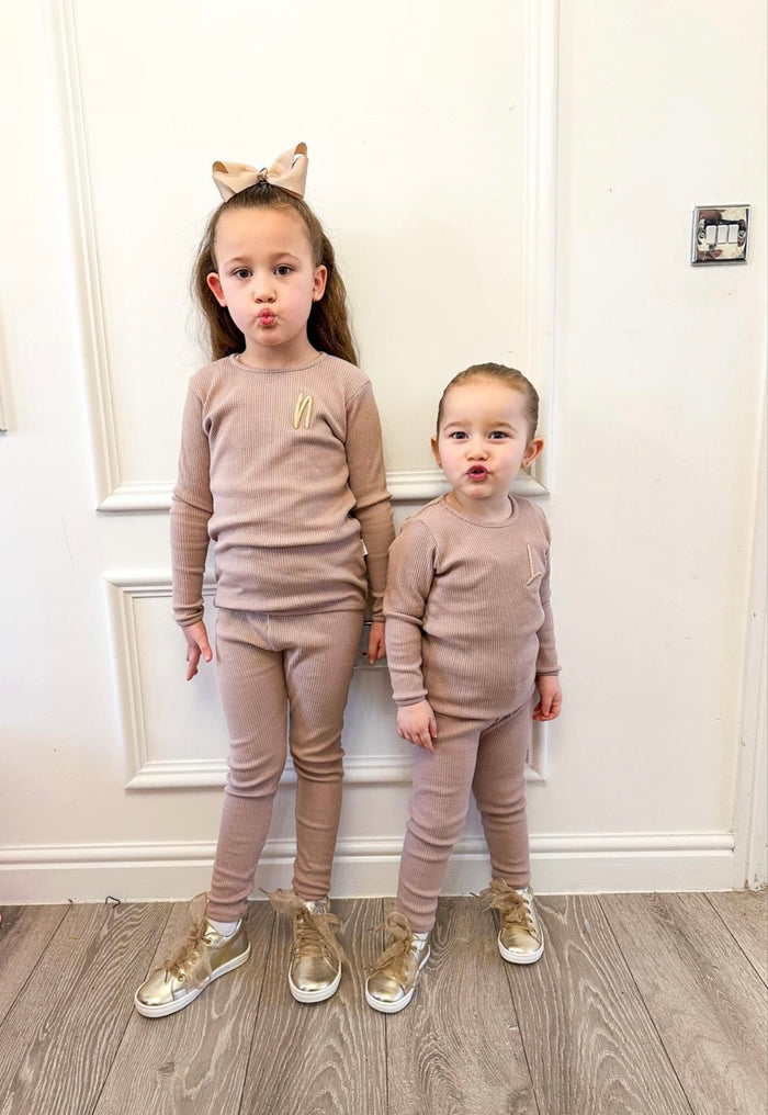 Mocha Ribbed Childrens Tracksuit worn by 2 girls