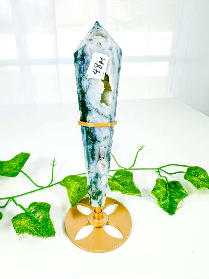 Moss Agate Wand on Stand (48M)