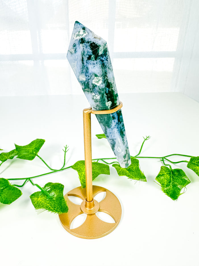 Moss Agate Wand on Stand (48M)