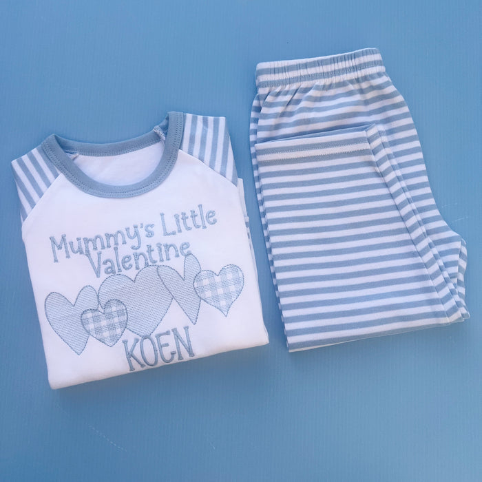 Mummy’s little valentines embroidered into blue stripe pyjamas with a 5 heart design underneath