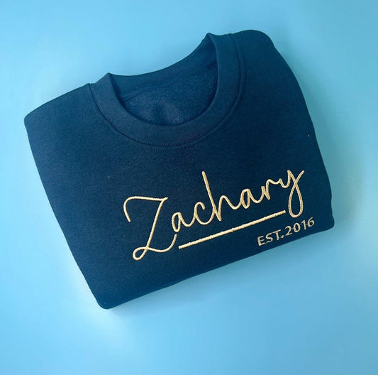 Navy jumper with beige font