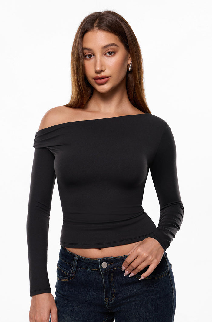 Off The Shoulder Double Lined Long Sleeve Tops