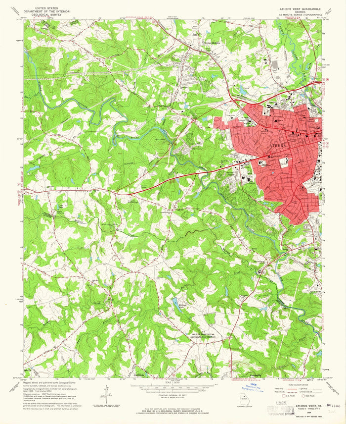 Old Map of Athens, Georgia by USGS, 1964 – University of Georgia & Oconee River
