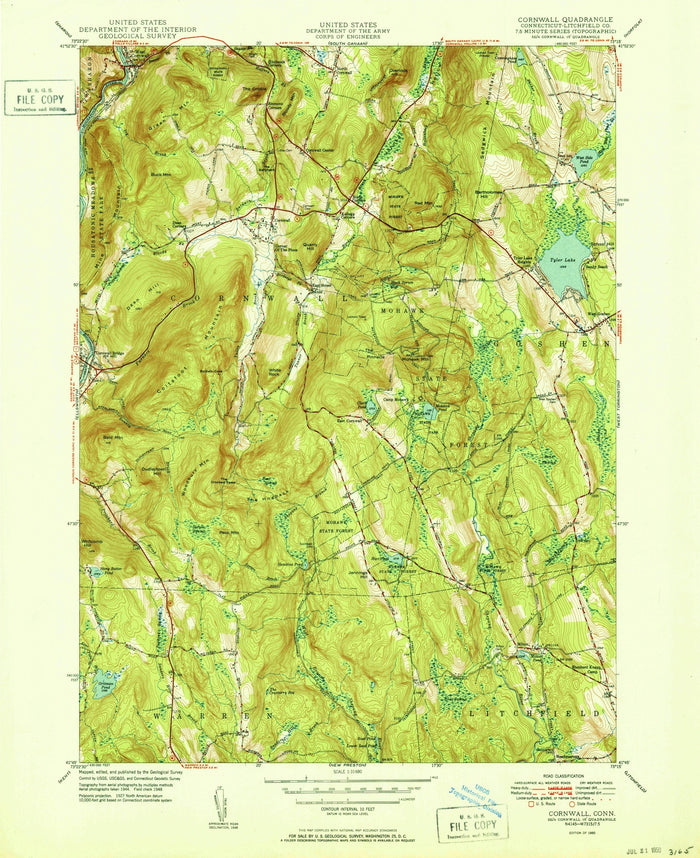 Old Map of Cornwall, Connecticut by USGS, 1950 – Lake Waramaug, Mohawk Mountain & Housatonic River