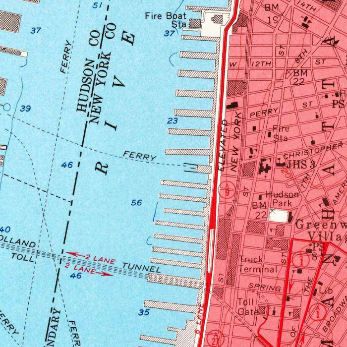 Old Map of Greenwich Village, New York by USGS, 1955 – Jersey City, Hoboken & Hudson River