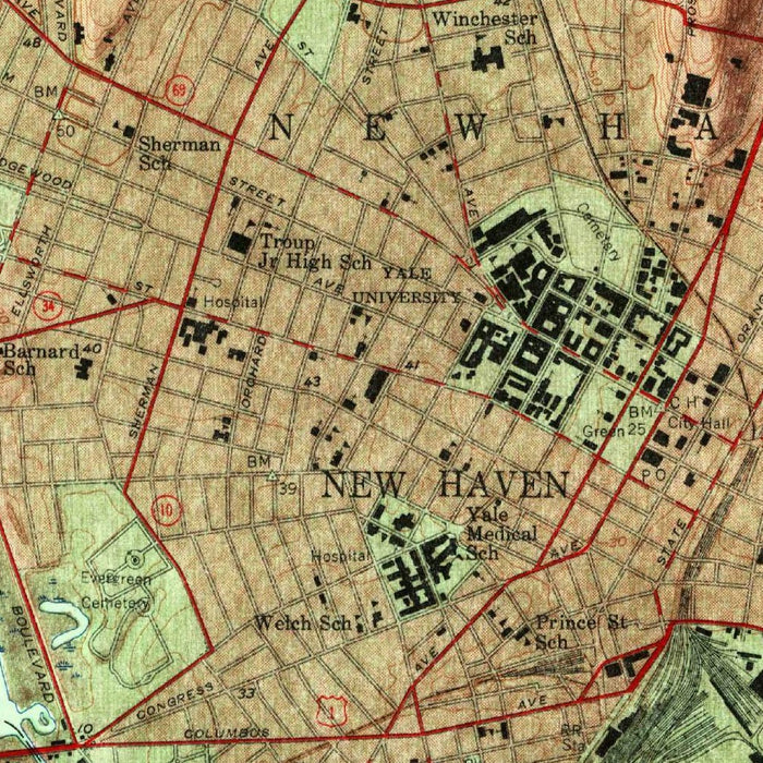 Old Map of New Haven, Connecticut by USGS, 1954 – New Haven Harbor & Long Island Sound