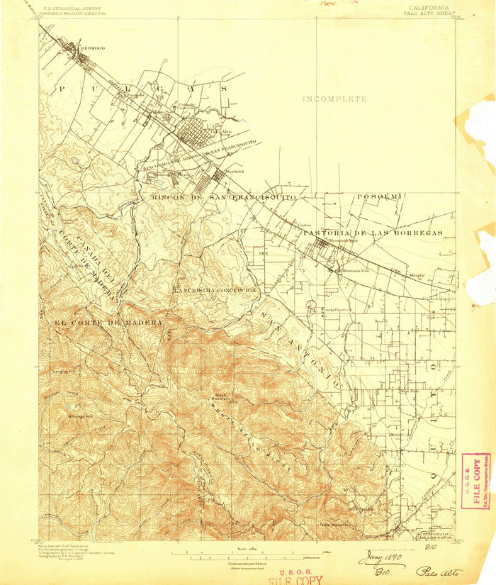 Old Map of Palo Alto, California by USGS, 1897 – Stanford University, Menlo Park & Los Altos Hills