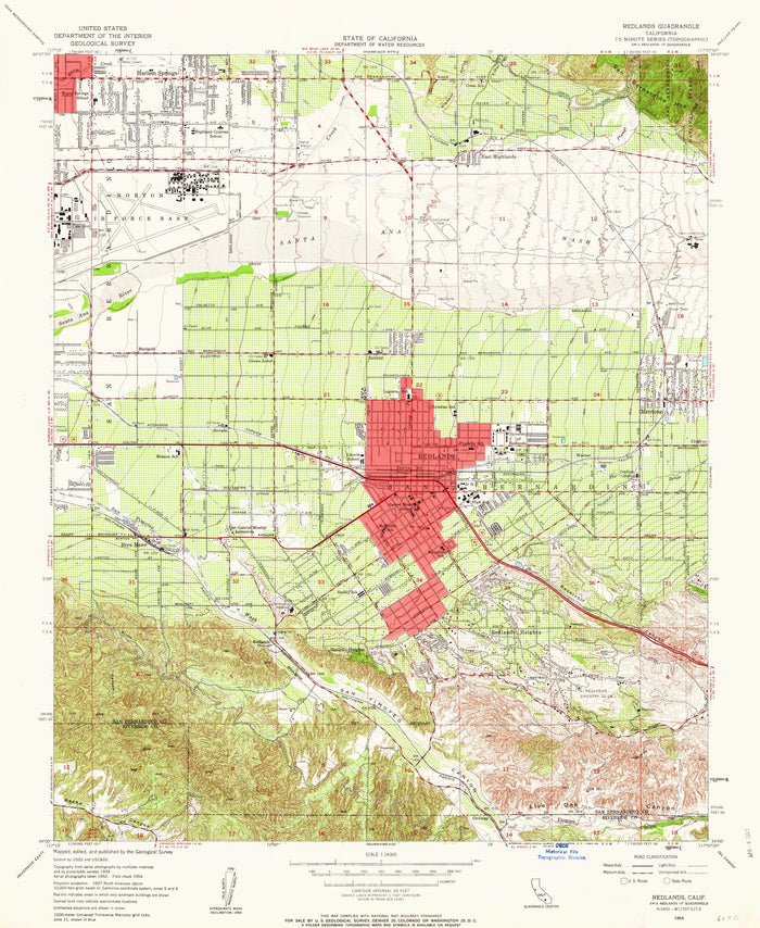 Old Map of Redlands, California by USGS, 1954 – San Bernardino, Riverside & San Timoteo Canyon