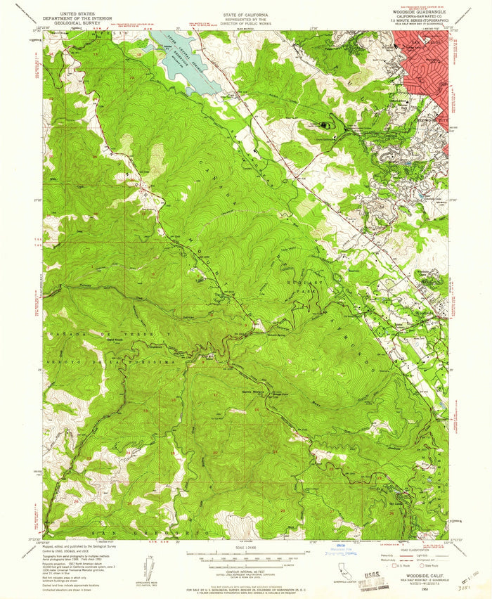 Old Map of Woodside, California by USGS, 1953 – Stanford University, Portola Valley & San Francisco Bay
