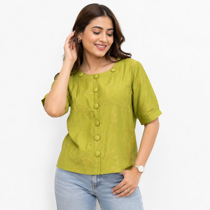 Olive Green Embroidered Front-Button Top product image from ANS Billion