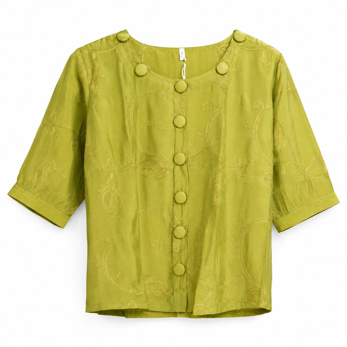 Olive Green Embroidered Front-Button Top