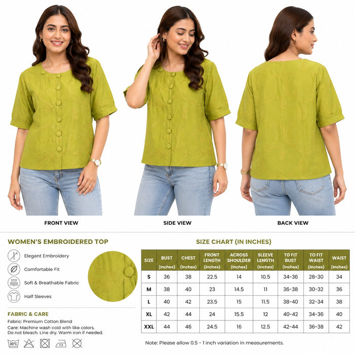 Olive Green Embroidered Front-Button Top