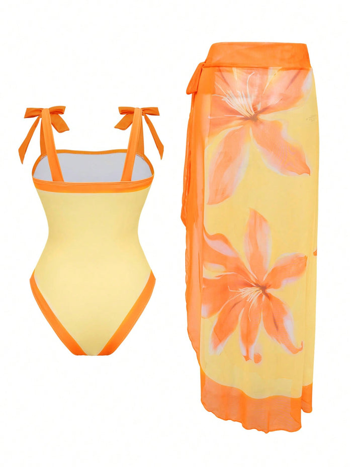One Piece Bathing Suit for Women with Beach Cover up Wrap Skirt Swimsuit Sarong Retro Floral Print Bikini Set