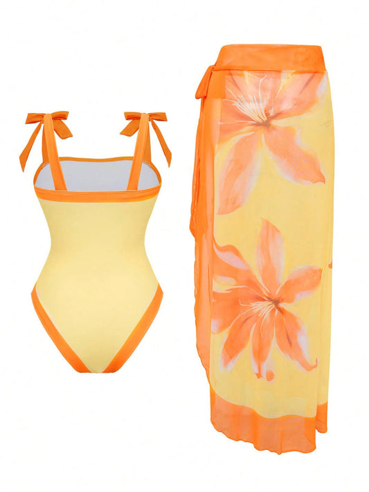 One Piece Bathing Suit for Women with Beach Cover up Wrap Skirt Swimsuit Sarong Retro Floral Print Bikini Set