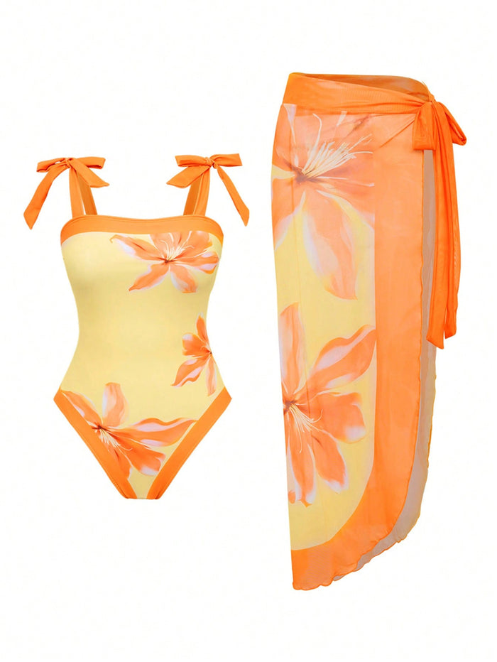 One Piece Bathing Suit for Women with Beach Cover up Wrap Skirt Swimsuit Sarong Retro Floral Print Bikini Set