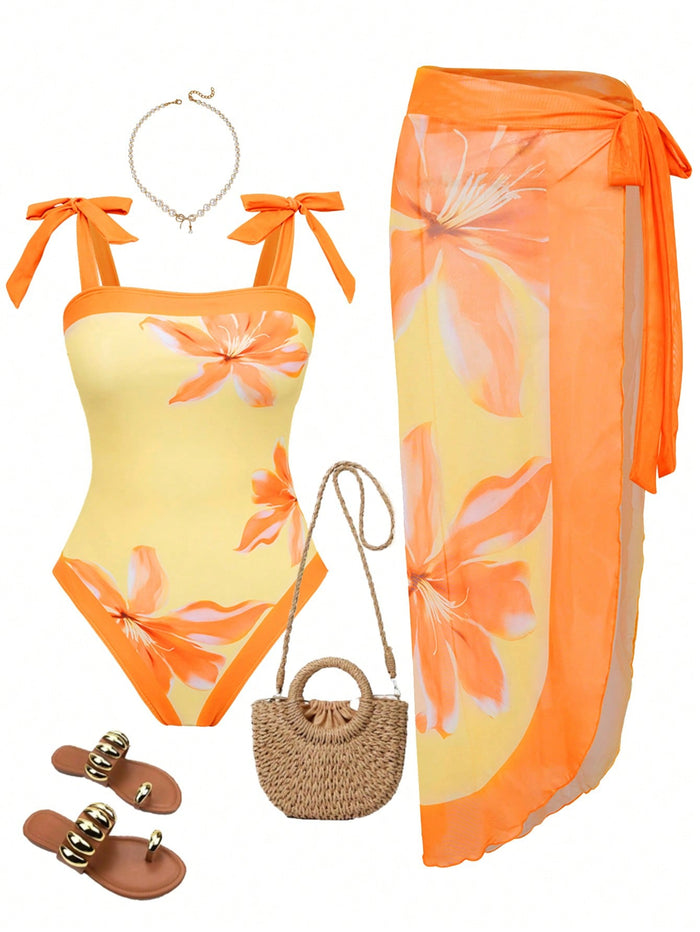 One Piece Bathing Suit for Women with Beach Cover up Wrap Skirt Swimsuit Sarong Retro Floral Print Bikini Set