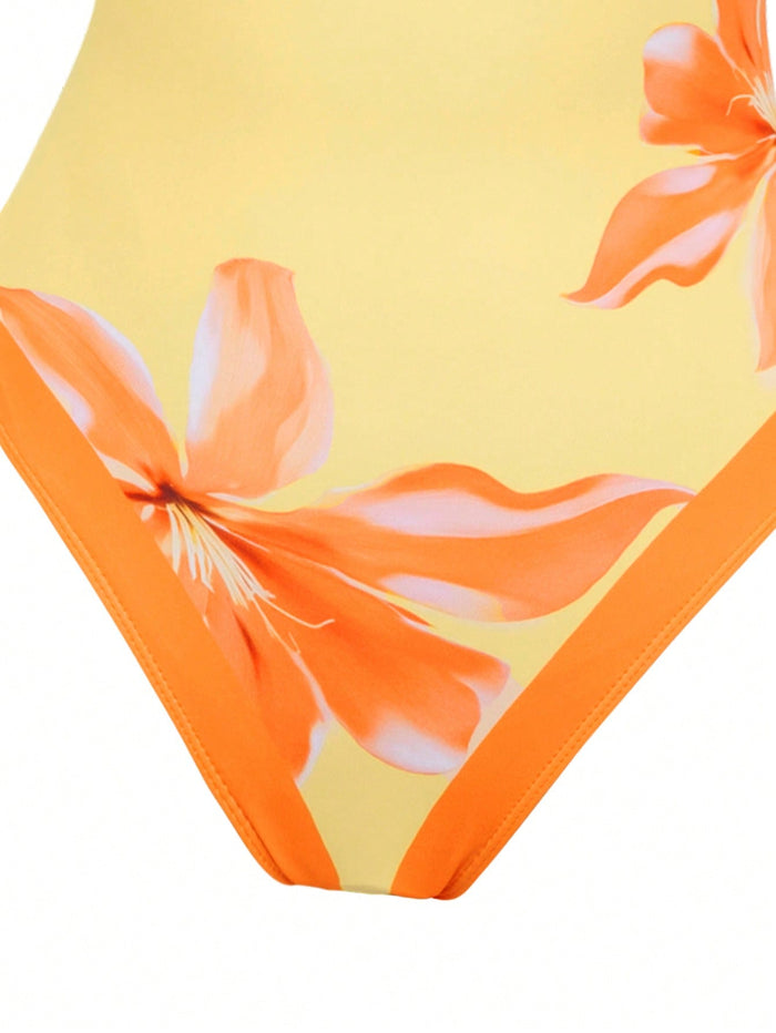 One Piece Bathing Suit for Women with Beach Cover up Wrap Skirt Swimsuit Sarong Retro Floral Print Bikini Set