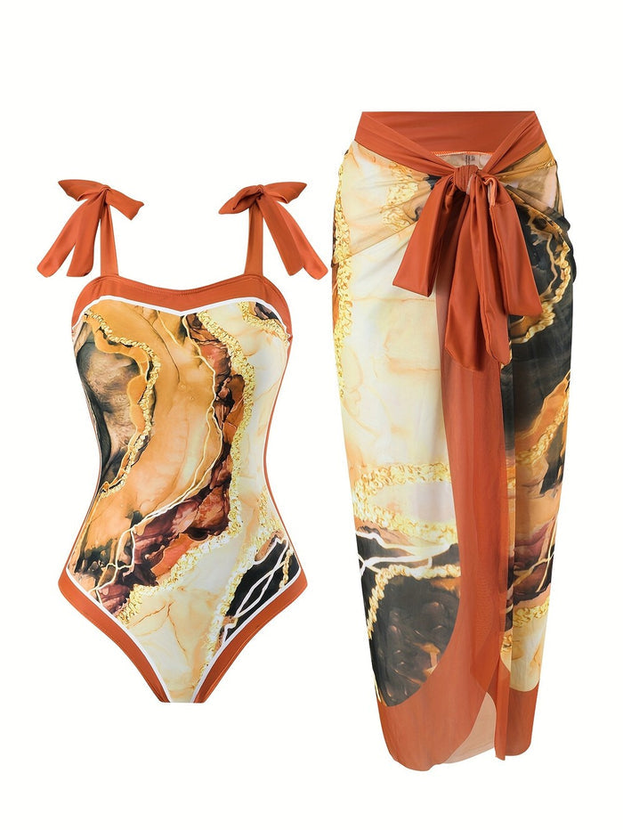 One Piece Bathing Suit for Women with Beach Cover up Wrap Skirt Swimsuit Sarong Retro Floral Print Bikini Set
