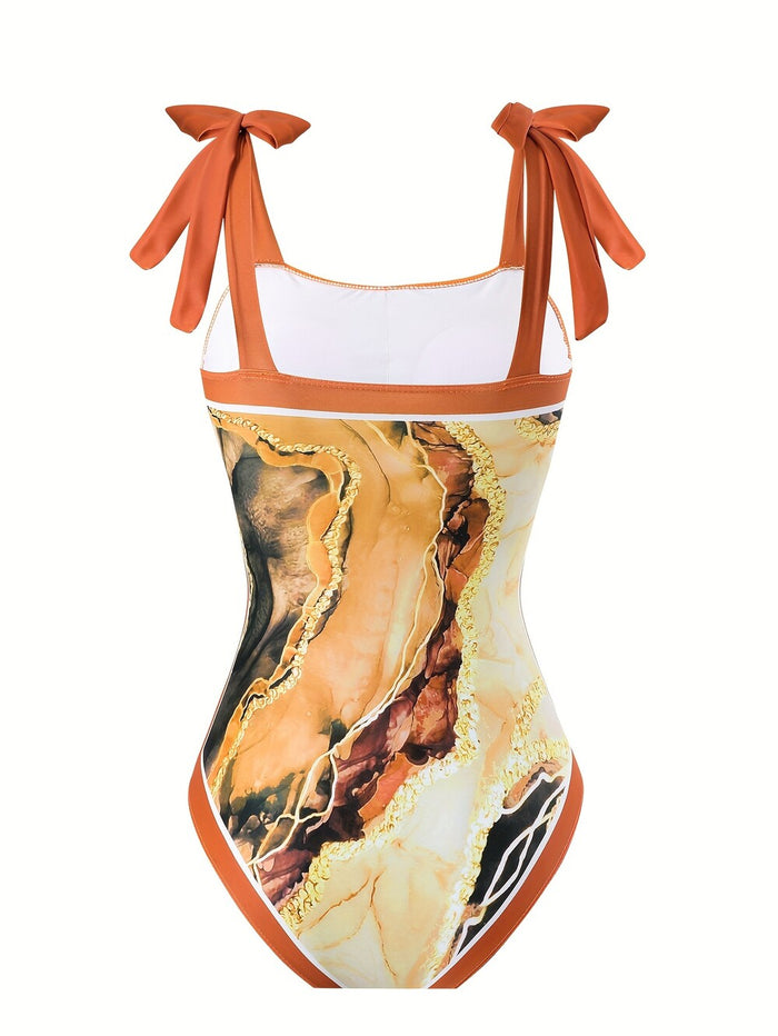 One Piece Bathing Suit for Women with Beach Cover up Wrap Skirt Swimsuit Sarong Retro Floral Print Bikini Set
