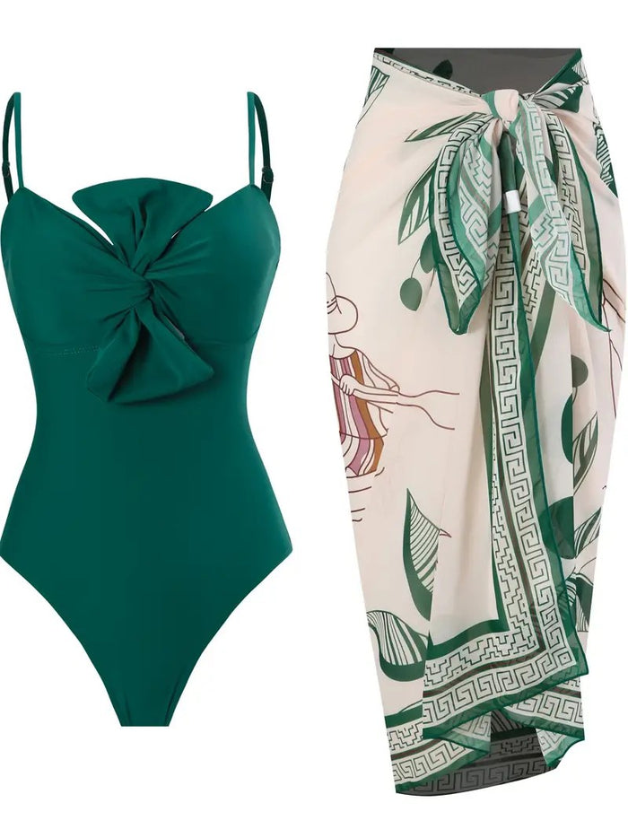 One Piece Swimsuit for Women with Cover Up Set Retro Bathing Suit Tummy Control Knot Swimwear Beach Wrap Skirt