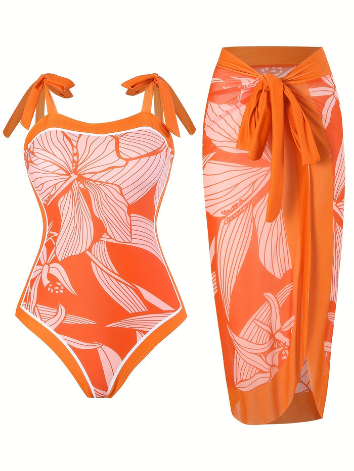 One Piece Swimsuit with Cover Up Sarong Wrap Floral Bathing Suits 1 Piece Swim Suit with Beach Cover Up Set