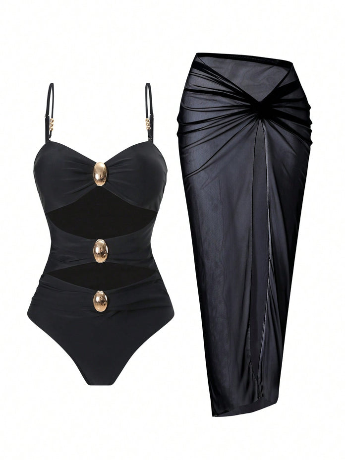 One Piece Swimsuit with Cover up Set Beach Wrap Skirt Retro Bikini Set Two Piece Bathing Suit with Cover up