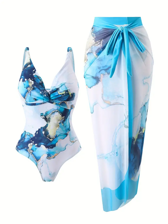 One Piece Swimsuit with Cover up Wrap Skirt Sarong Floral Print Plunge V Neck Bathing Suit for Women