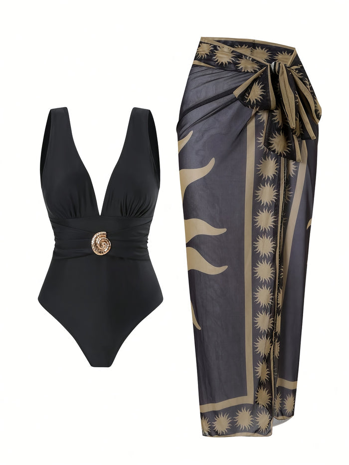 One Piece Swimsuit with Cover up Wrap Skirt Sarong Floral Print Plunge V Neck Bathing Suit for Women