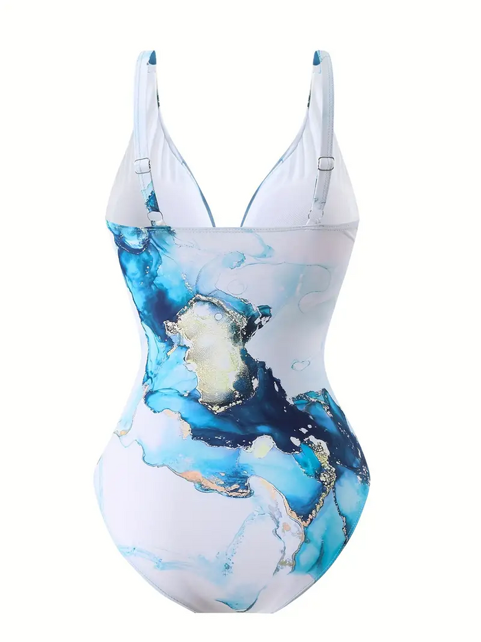 One Piece Swimsuit with Cover up Wrap Skirt Sarong Floral Print Plunge V Neck Bathing Suit for Women