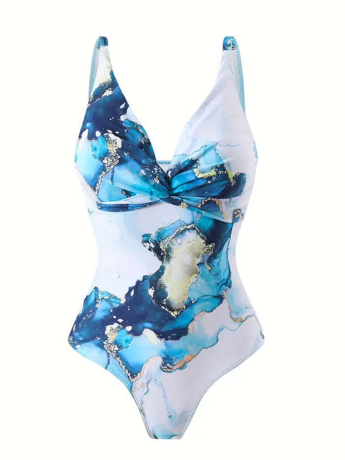 One Piece Swimsuit with Cover up Wrap Skirt Sarong Floral Print Plunge V Neck Bathing Suit for Women