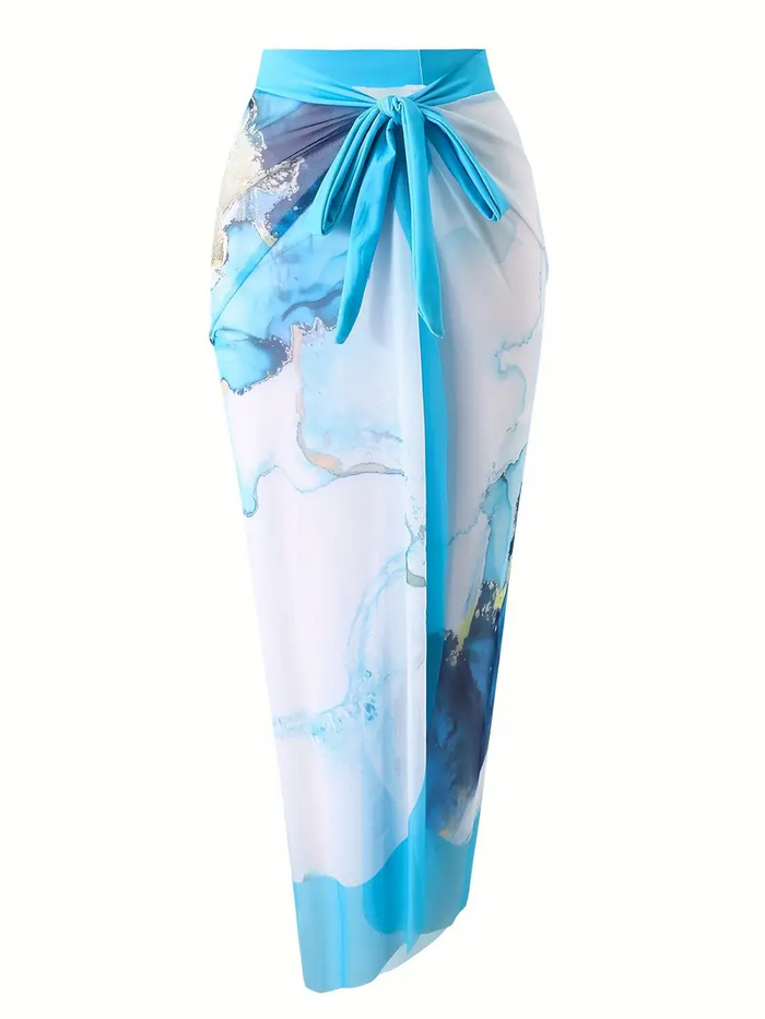 One Piece Swimsuit with Cover up Wrap Skirt Sarong Floral Print Plunge V Neck Bathing Suit for Women