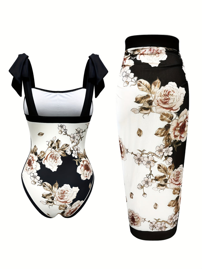One Piece Swimsuit Women with Cover Up Set Retro Bathing Suit for Women Tummy Control Beach Wrap Skirt