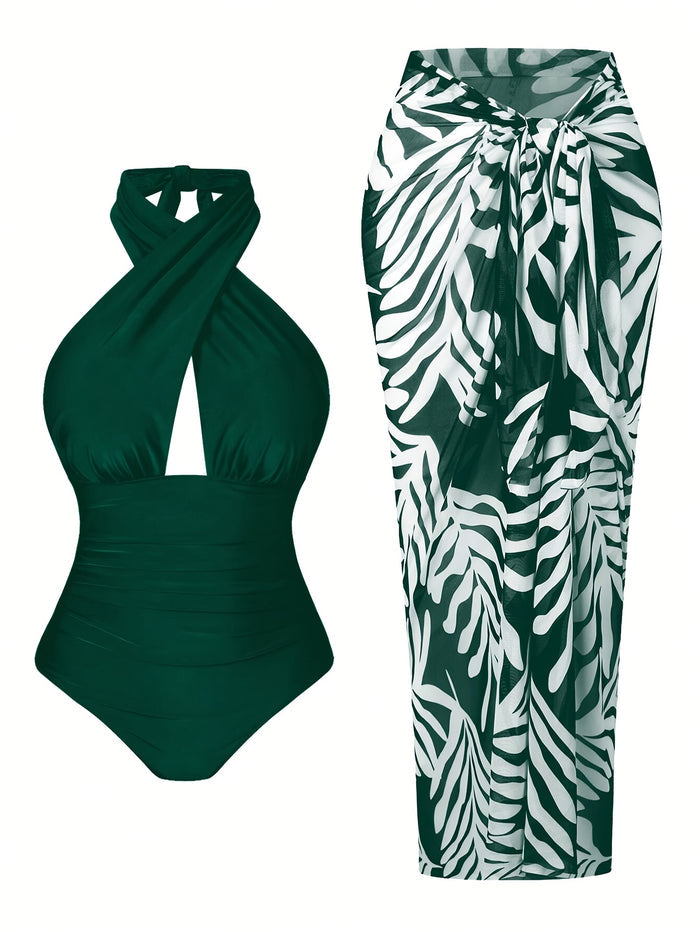 One Piece Swimsuit Women with Cover Up Set Retro Bathing Suit for Women Tummy Control Beach Wrap Skirt