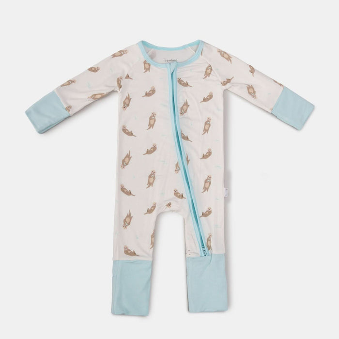 Otter print bamboo baby romper, flat lay