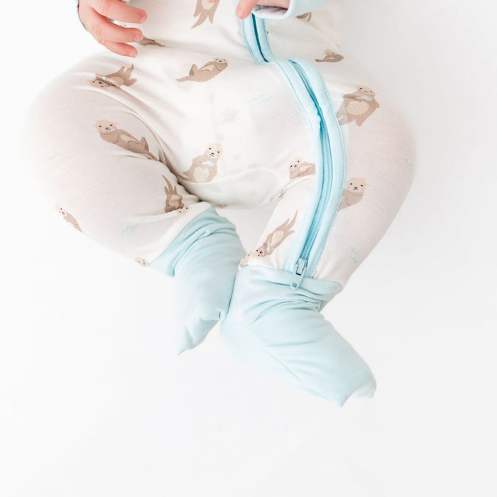 Fold-over hand mitts on soft bamboo otter romper